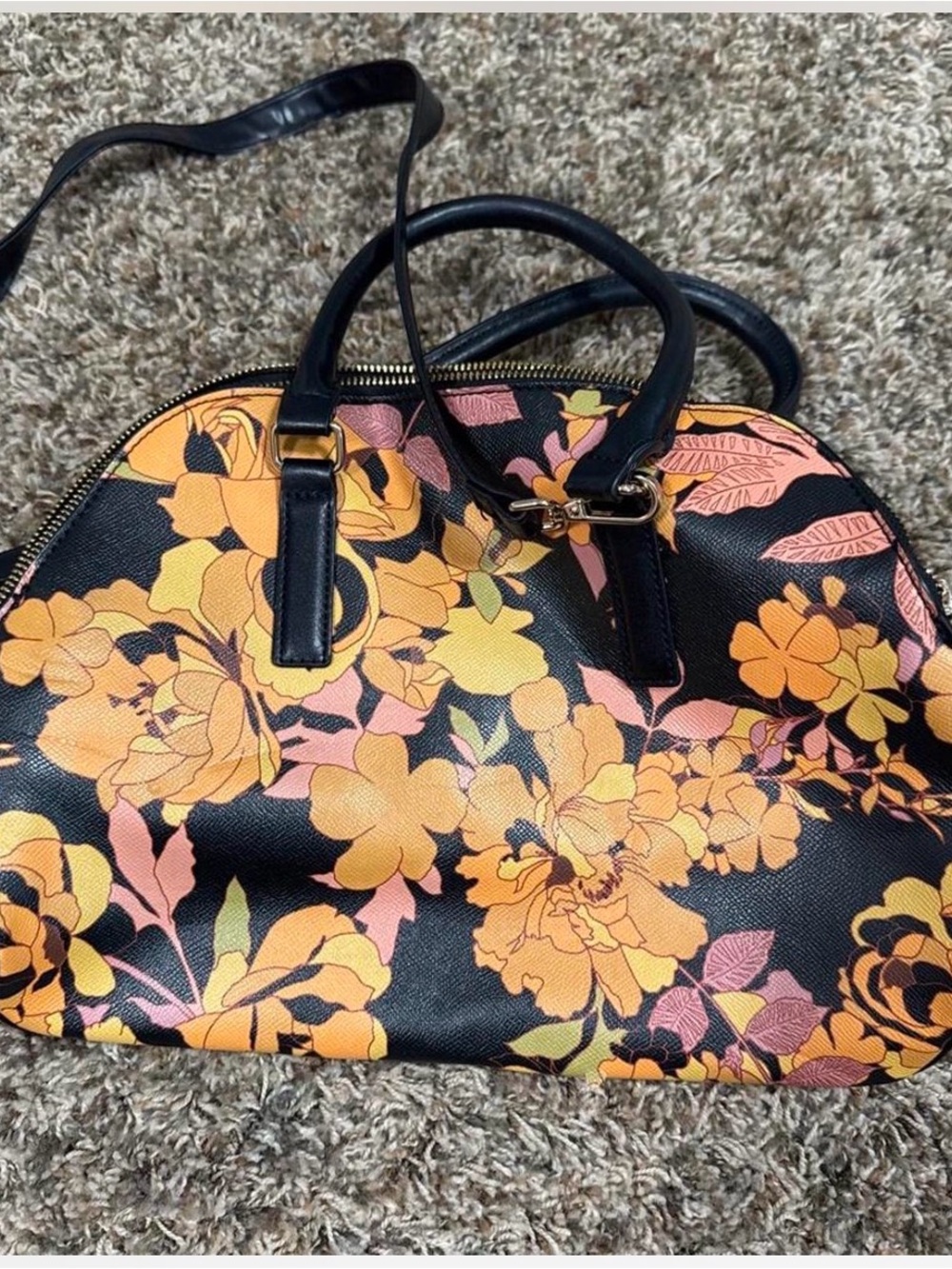 A New Day Black Satchel with Orange and Pink Floral Print-Pockets Organize